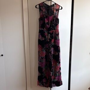 Lulu's Black Velvet Maxi Dress with Berry and Teal Floral Print